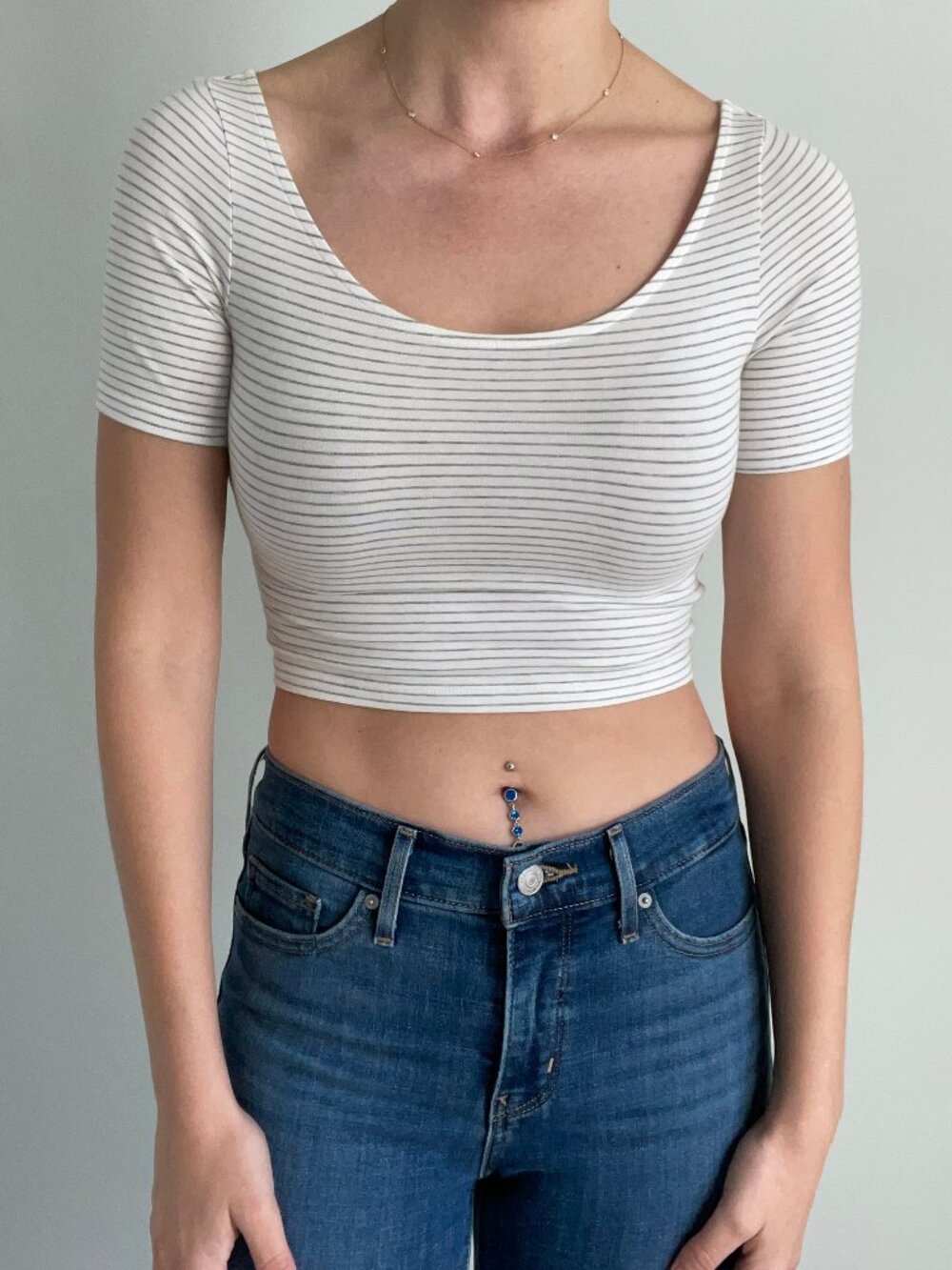 H&M Striped Cropped Baby Tee White Cotton Size S